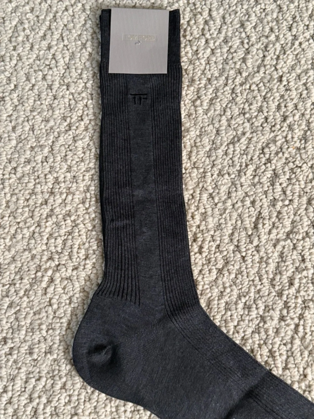 Tom Ford Charcoal Gray Embroidered TF Logo Ribbed Cotton Soft Dress Crew Socks